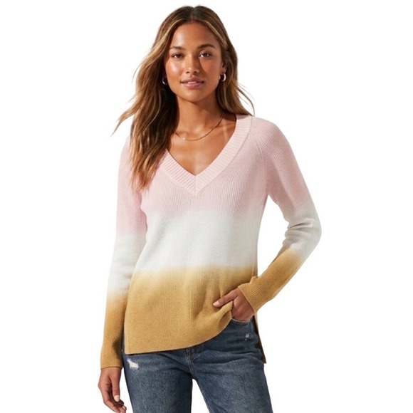 Anthropologie Sweaters - Anthropologie Pink White Yellow Ombre V-Neck Ribbed Knit Sweater Size XS